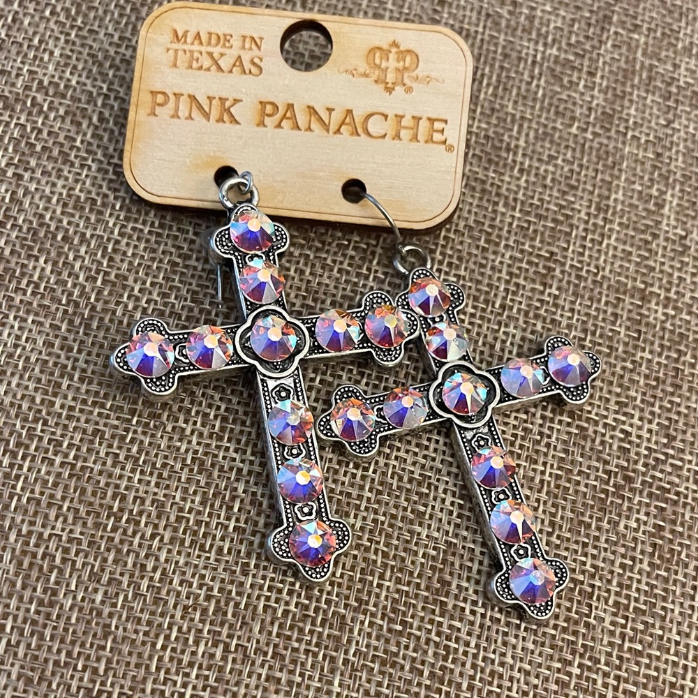 Elegant Pink Panache Cross Earrings with Iridescent Accents - Picture 2 of 2